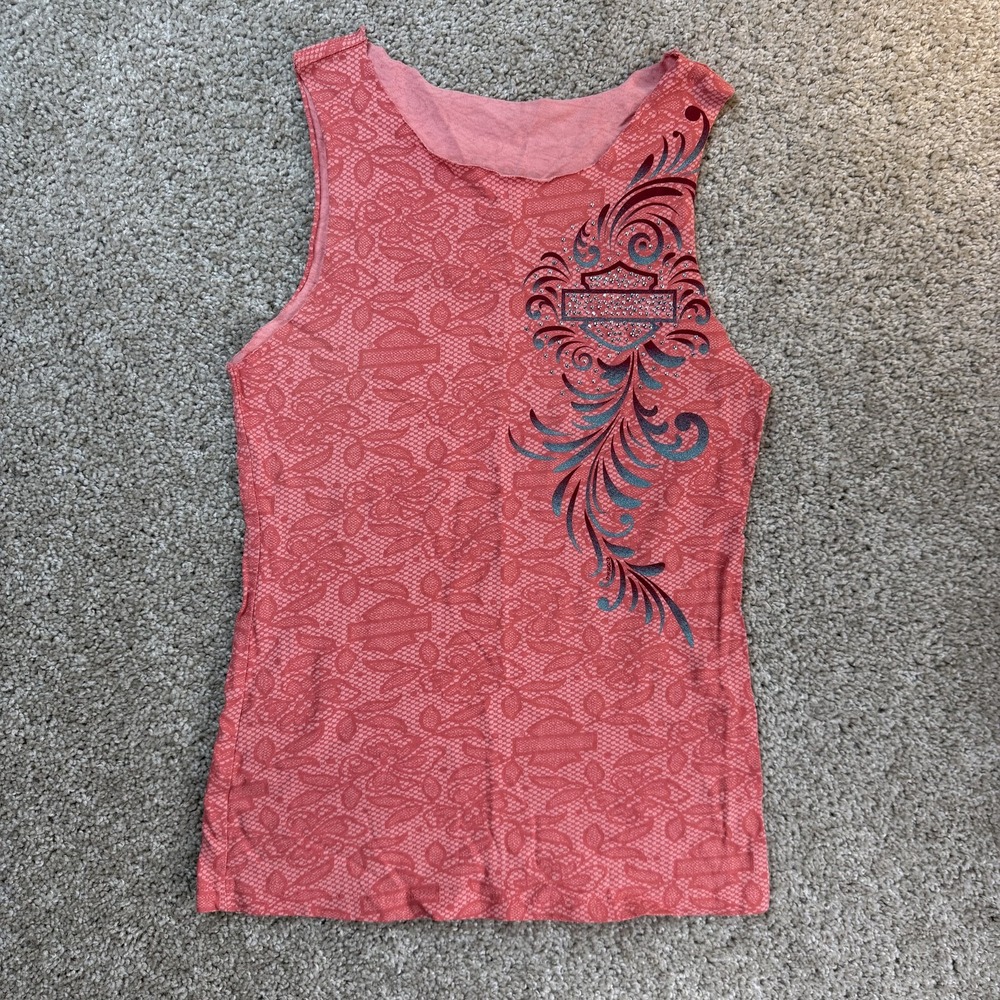 Harley-Davidson Tank Top Womens S Pink Rhinestone Lace Graphic Biker Motorcycle